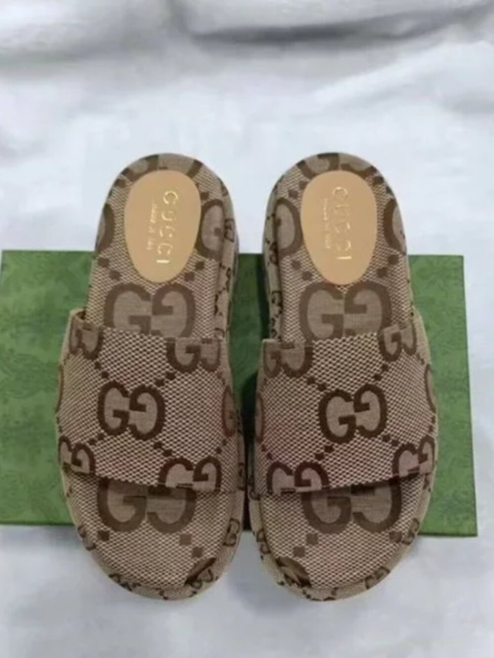 Gucci Angelina Platform Slide Sandal in Beige GG Canvas